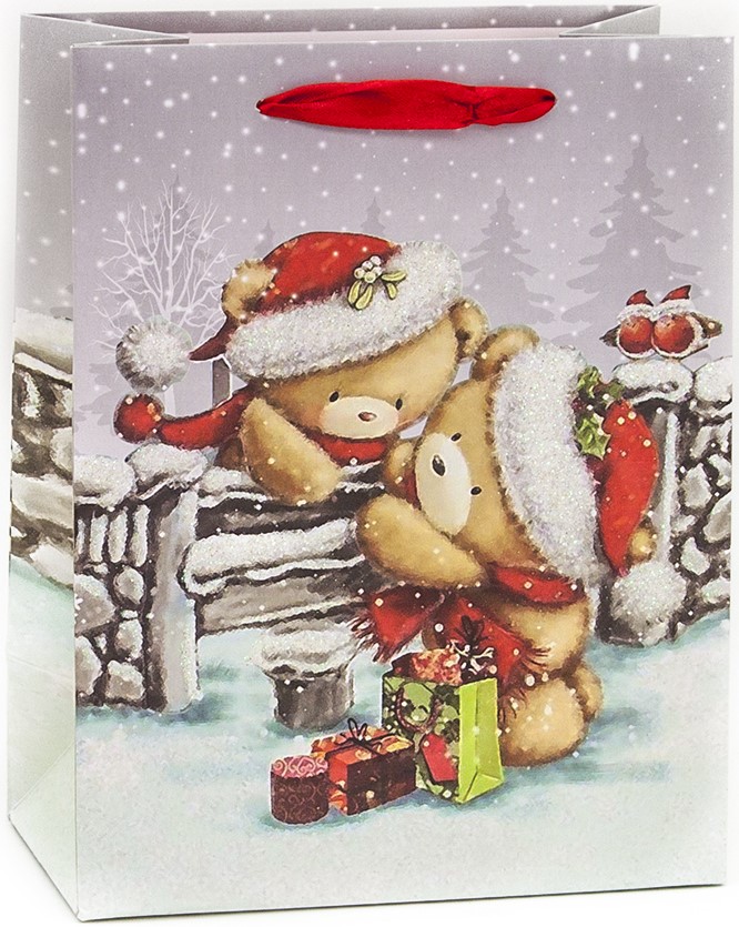 Пакет подарочный Новогодние медвежата, Серебро, с блестками, 42*31*12 см /ДБ