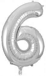 Шар Х (34''/86 см) Цифра, 6, Серебро, в упаковке 1 шт.