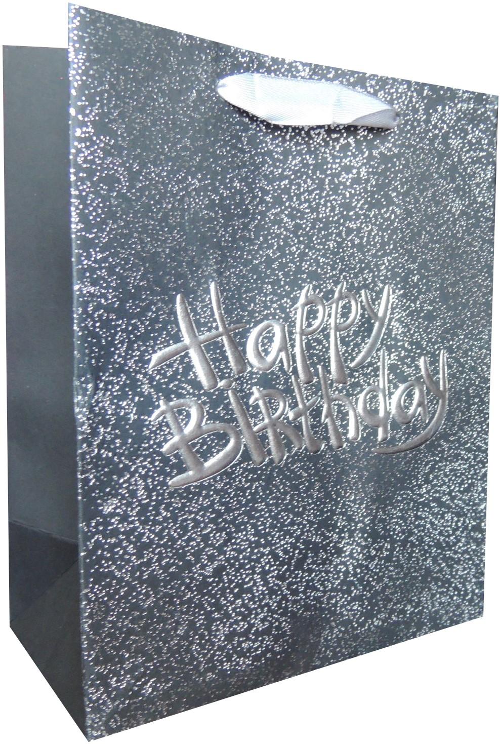 Пакет подарочный, С Днем Рождения (текстурный принт), Черный/Серебро, 32*26*12 см, 1 шт.
