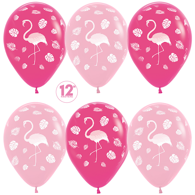Шар S 12" Фламинго и листья, Фуше (012)/Розовый (009), пастель, 5 ст, 50 шт.
