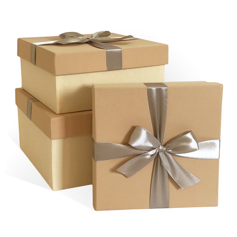 Набор подарочных коробок 3в1 с бантом Ромб 210*210*110 (Квадрат, песочно-беж/слон кость)