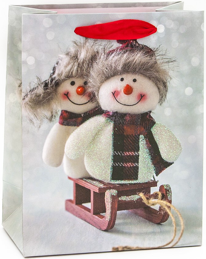 Пакет подарочный Снеговики на санках, Серебро, с блестками, 32*26*12 см /ДБ