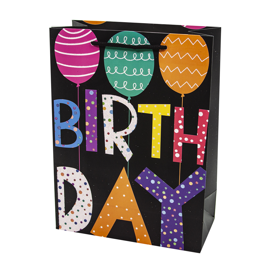 Пакет подарочный, С Днем Рождения! (модные буквы), Черный, с блестками, 32*26*10 см, 1 шт./Дб