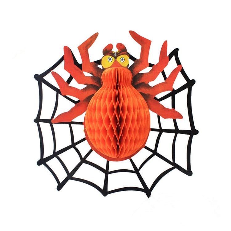 Паутина черная с оранжевым пауком, 37*45 см., бумажная/Сф