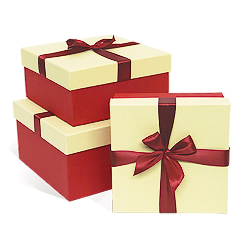 Набор подарочных коробок 3в1 с бантом Рогожка 210*210*110 (Квадрат, слон кость/красн, красн лента)