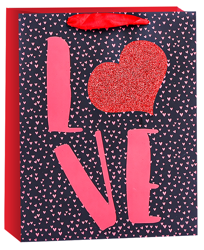 Пакет подарочный, Любовь (конфетти сердец), Черный/Красный с блестками, 23*18*10 см