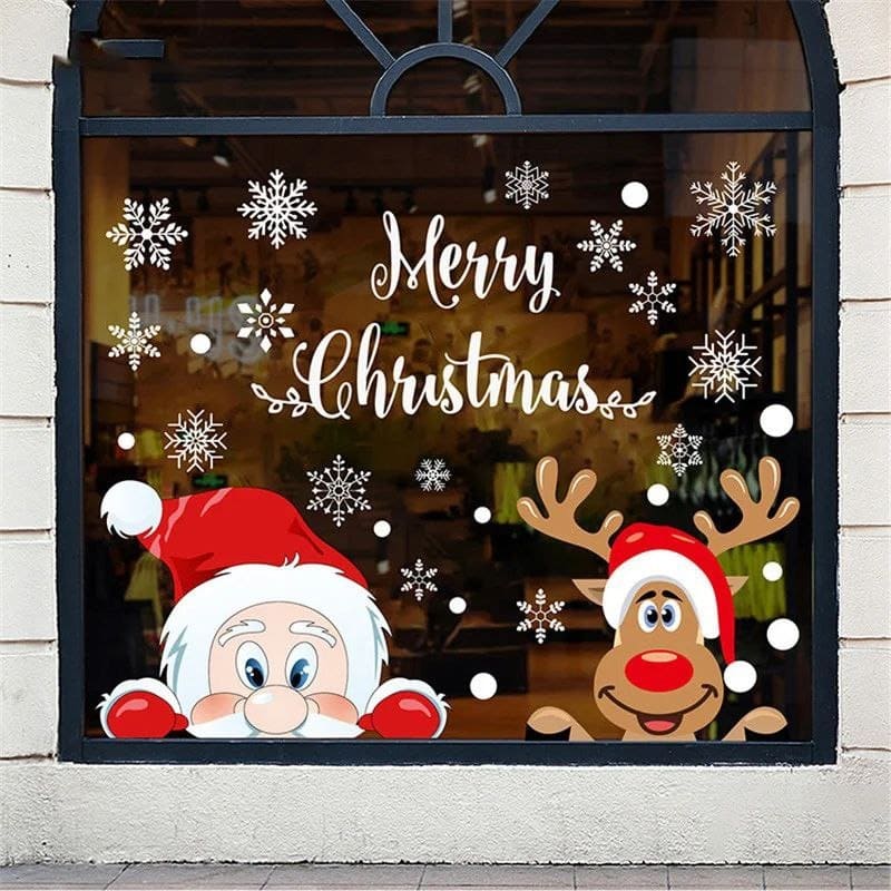 Новогодняя электростатическая наклейка цветная Дед мороз и Олень, 50*70 см./Сф