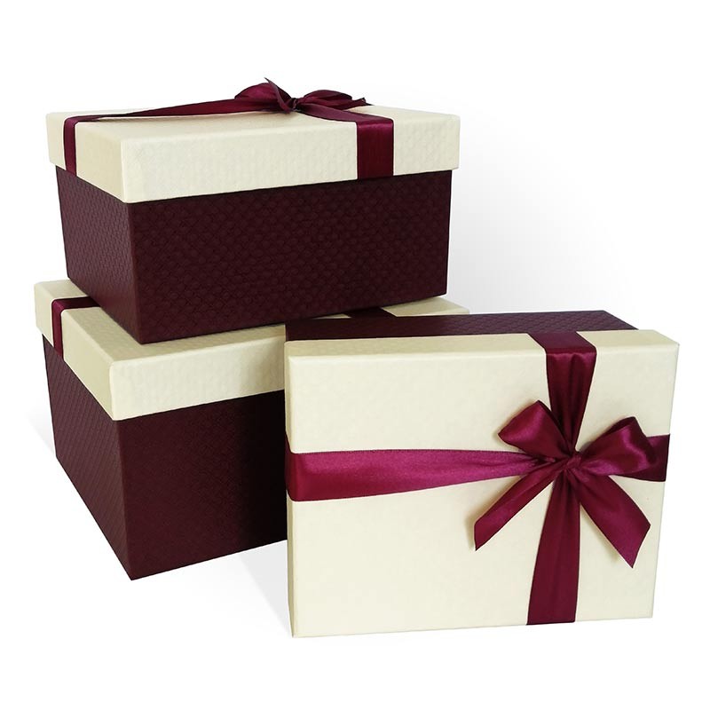 Набор подарочных коробок 3в1 с бантом ромб 23*19*13 см (Прямоугольник, слон.кость, лента бордо)