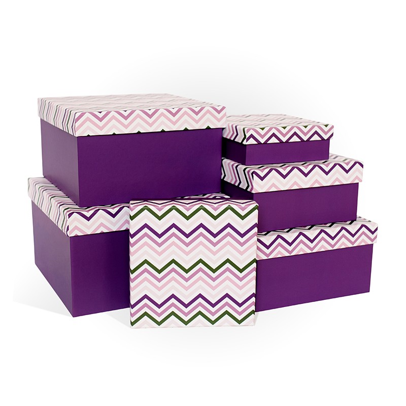 Набор подарочных коробок 6в1 Фиолетовый зигзаг 25*25*15 см (Квадрат)