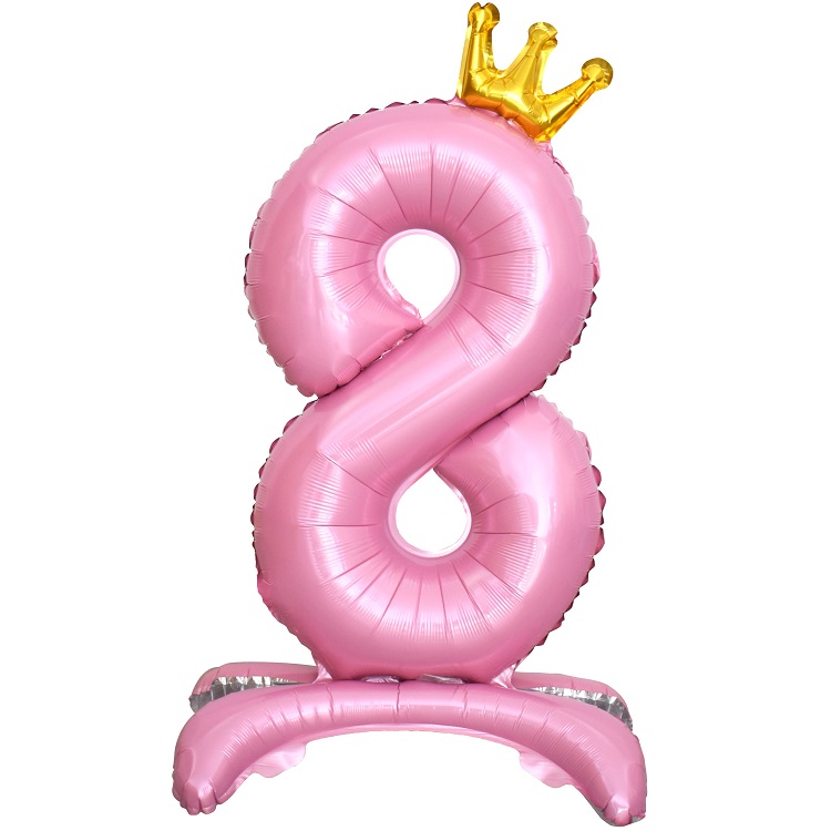 Шар Х (32"/81 см) Цифра, 8, Золотая корона, на подставке, Розовый