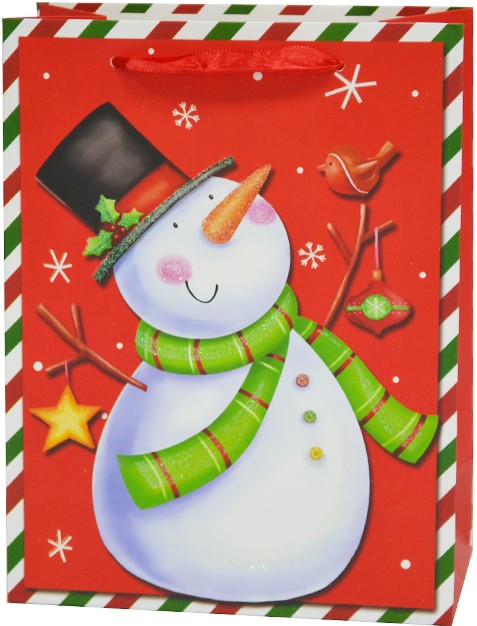 Пакет подарочный Снеговичок c птичкой, Красный, с блестками, 43*30*12 см /ДБ