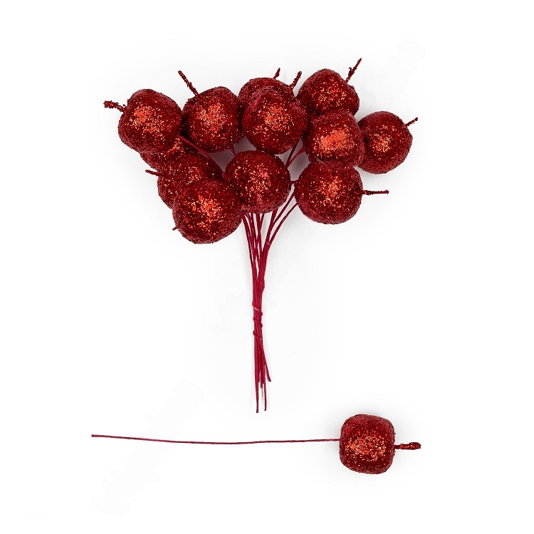 Муляж декоративный Яблочко на веточке, красный, 2 см, 12 шт   SF-7561 