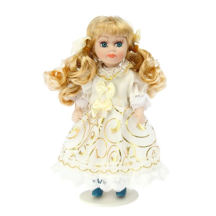 Кукла коллекционная "Анечка в белом платье с золотыми узорами" 19 см