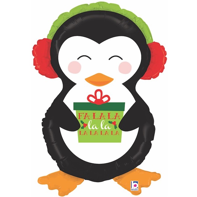 Шар Г Фигура, Пингвин с новогодним подарком, 1 шт., 34"/86 см