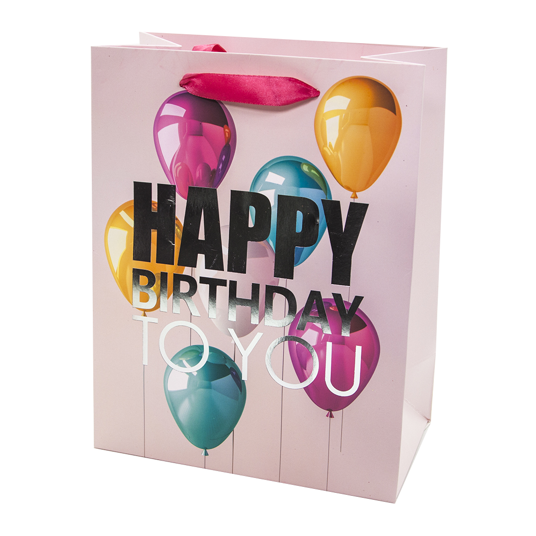Пакет подарочный, С Днем Рождения! (разноцветные шарики), Розовый, Металлик, 32*26*12 см, 1 шт./Дб