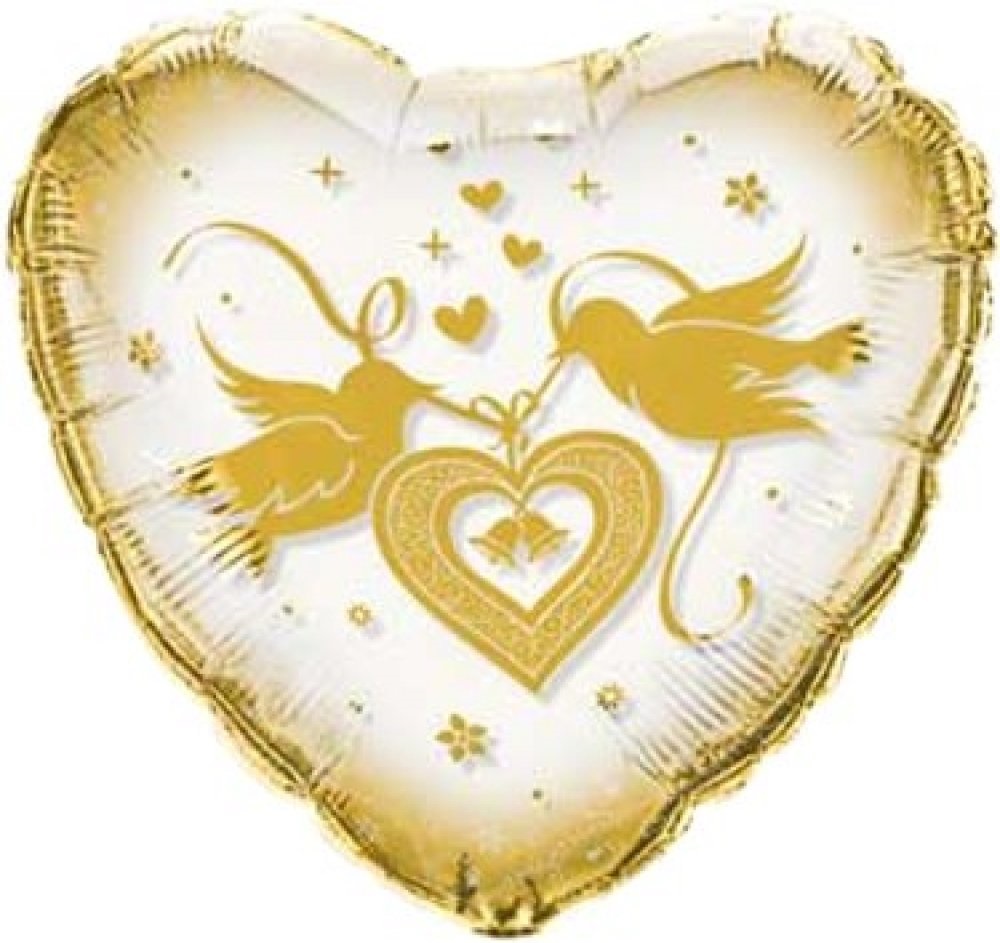 Шар Q 24" Сердце, С золотыми голубями и сердечком