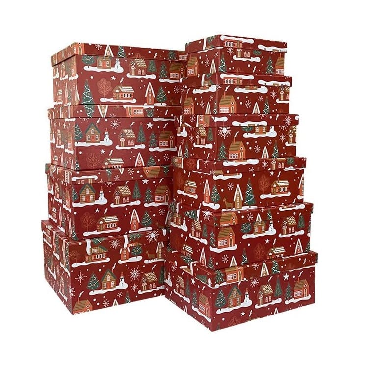 Набор коробок Новогодние домики, Красный, 37*29*16 см, 10 шт. /ДБ