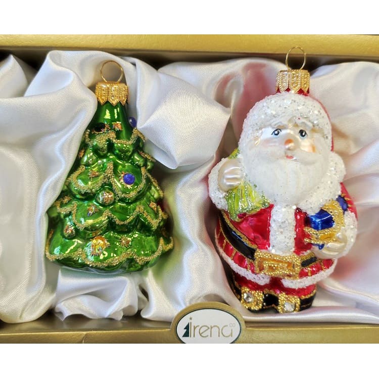 Набор Елка и Санта с мешком и подарками в руке, стекло, ручная работа