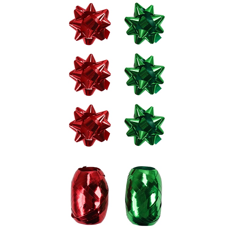 Набор для оформления подарков Зеленый и Красный глянец 6 бант+2 ленты 5 ммх10м