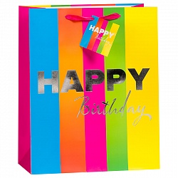 Пакет подарочный С Днем Рождения (в разноцветную полоску), 26*32*12 см /ДБ