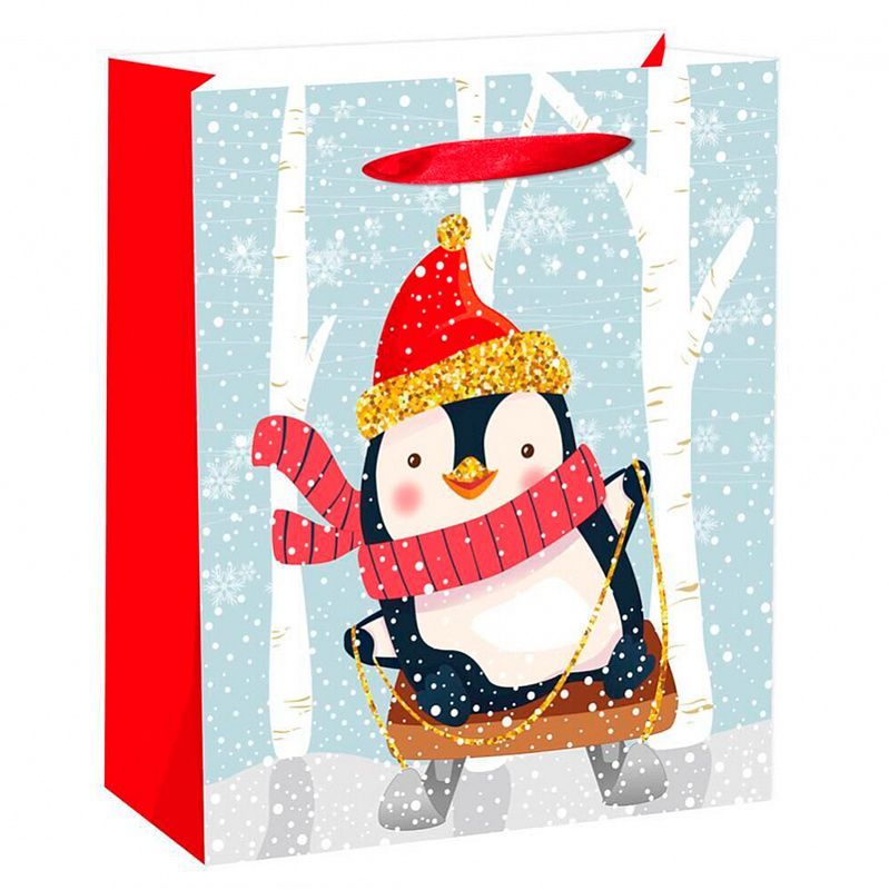 Пакет подарочный "Пингвин на санках" Тиснение фольгой / 31*42*12 см