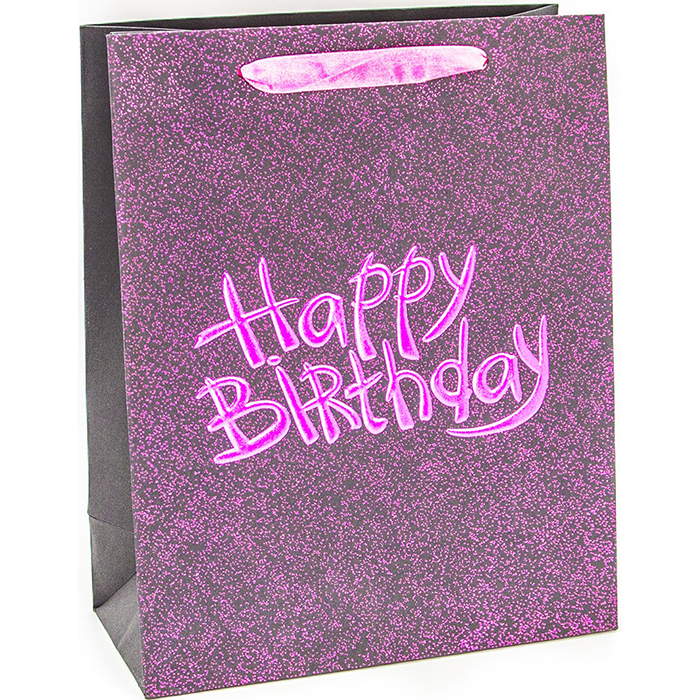 Пакет подарочный, С Днем Рождения (текстурный принт), Черный/Розовый, 32*26*12 см, 1 шт.