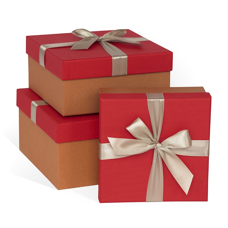 Набор подарочных коробок 3в1 с бантом Лен 210*210*110 (Квадрат, красный,бежевая лента)