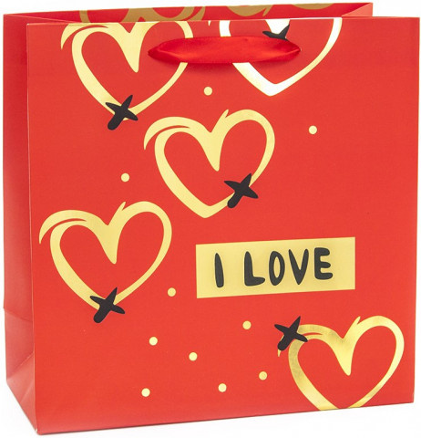 Пакет подарочный  Любовь, Золотые сердца, Красный, Металлик, 28*28*12 см 