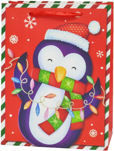 Пакет подарочный Новогодний пингвин, Красный, с блестками, 43*30*12 см /ДБ