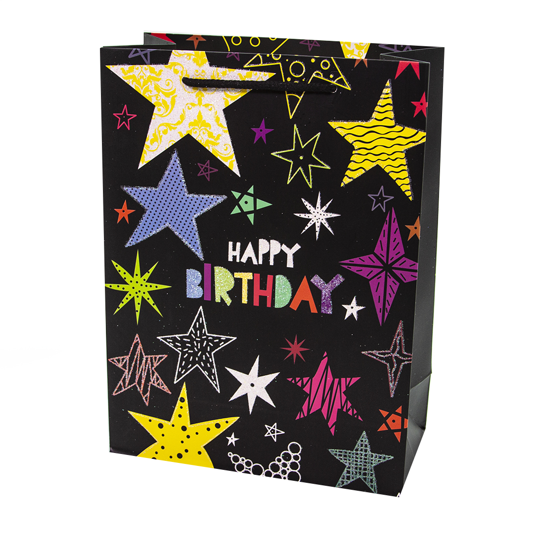 Пакет подарочный, С Днем Рождения! (разноцветные звезды), Черный, с блестками, 32*26*10 см, 1 шт./Дб