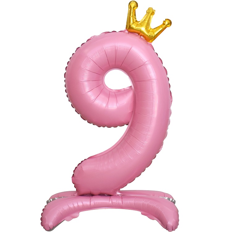 Шар Х (32"/81 см) Цифра, 9, Золотая корона, на подставке, Розовый