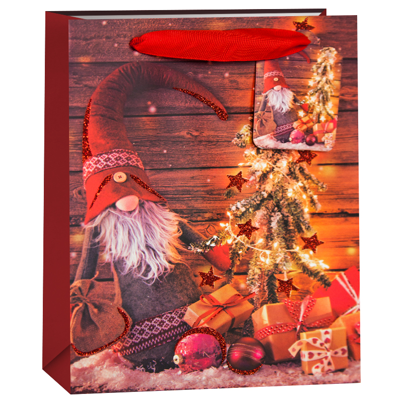 Пакет подарочный Новогодний гном и елочка, Красный с блестками, 23*18*10 см