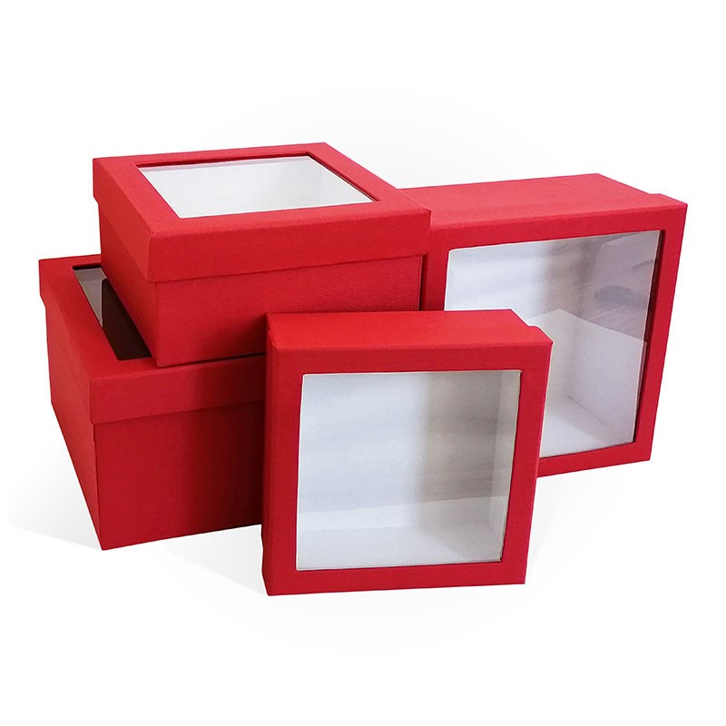 Набор подарочных коробок 4 в1 с прозрачным окном тиснение Лен, Красный, 23*23*13 см, ( Квадрат)
