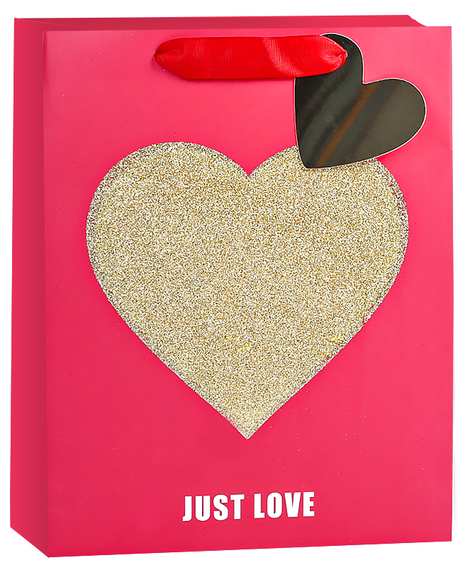 Пакет подарочный, Золотое сердце, Признание в любви, Красный с блестками, 32*26*12 см