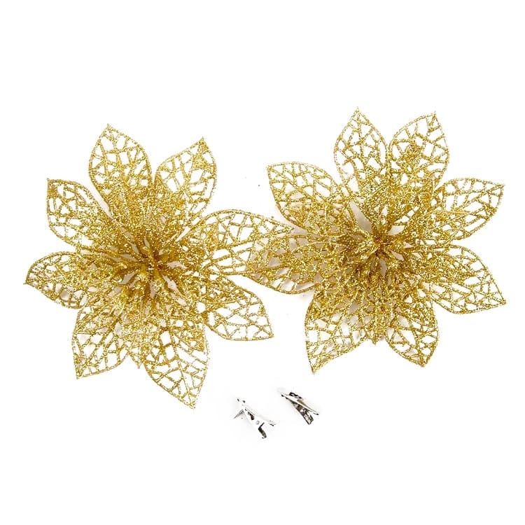 Цветок Пуансеттия, на клипсе, Золото, 14 см, с блестками, 2 шт./ДБ