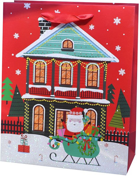 Пакет подарочный Новогодний домик, Красный, с блестками, 44*31*12 см /ДБ