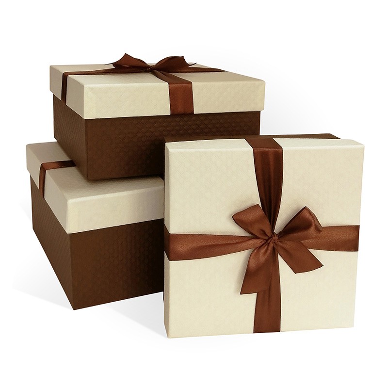 Набор подарочных коробок 3в1 с бантом Ромб крупный 210*210*110 (Квадрат слон кость/шоколад )