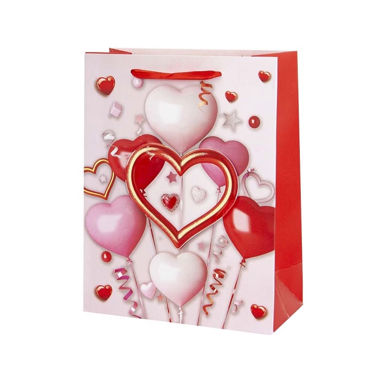 Пакет подарочный 3D, Шарики-сердечки, Красный, с блестками 32*26*10 см, 1 шт./Дб