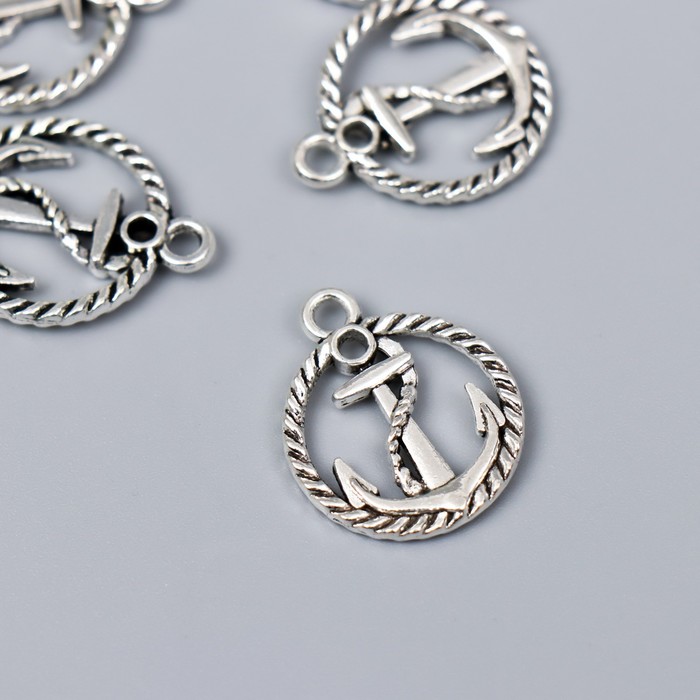 Декор металл Якорь с веревкой в круге, серебро, 2,4*2 см.
