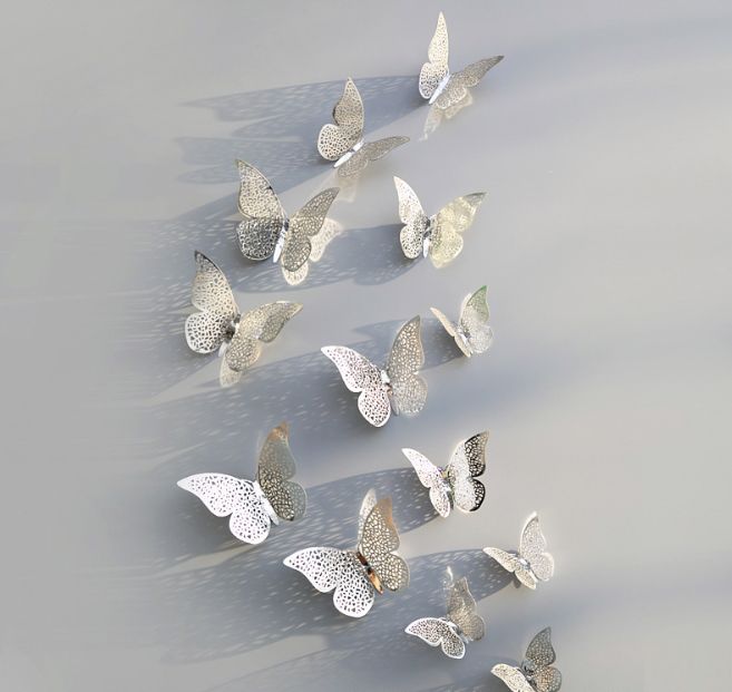 Наклейки "Бабочки" №1 серебро 12  шт / Мо
