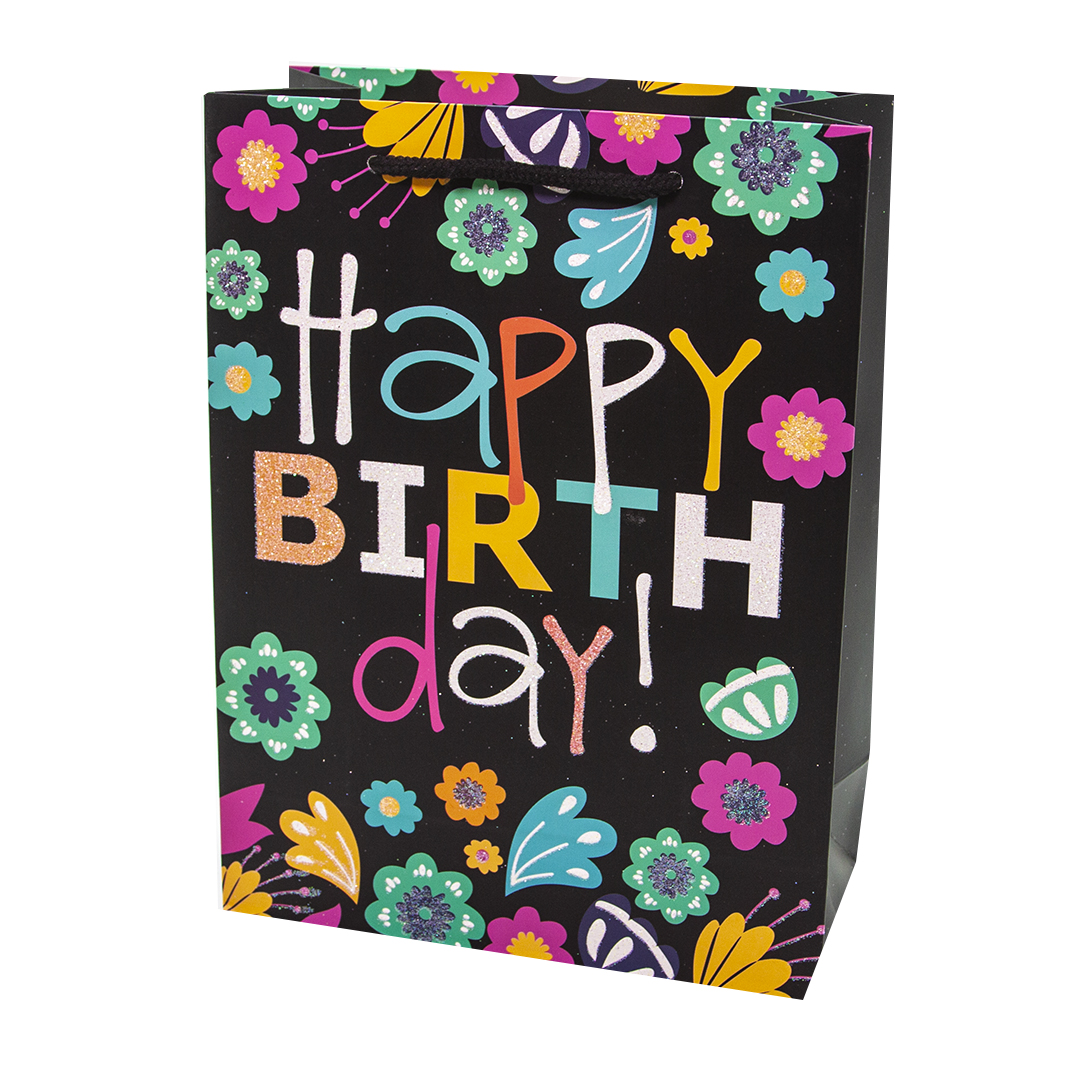 Пакет подарочный, С Днем Рождения! (разноцветные цветы), Черный, с блестками, 32*26*10 см, 1 шт/Дб
