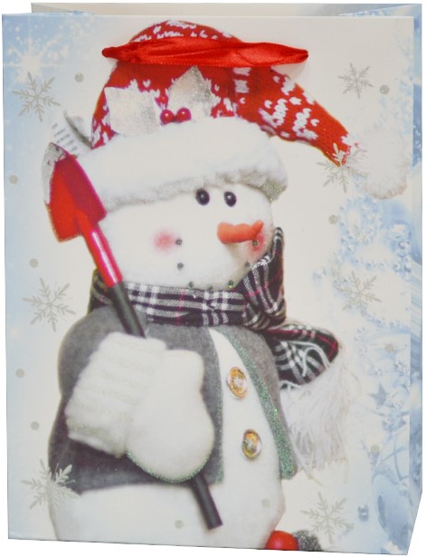 Пакет подарочный Снеговичок в красном колпачке, с блестками, 32*26*10 см /ДБ