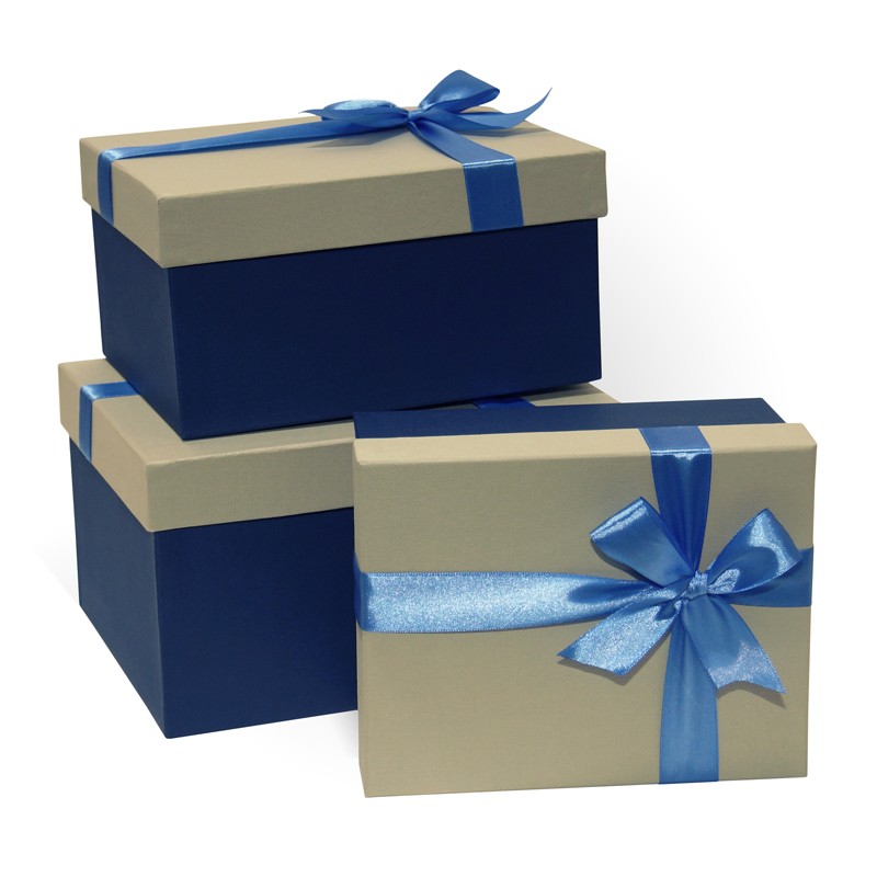 Набор подарочных коробок 3в1 с бантом Ромб 230*190*130 (Прямоуголн. светл-сер/синий)