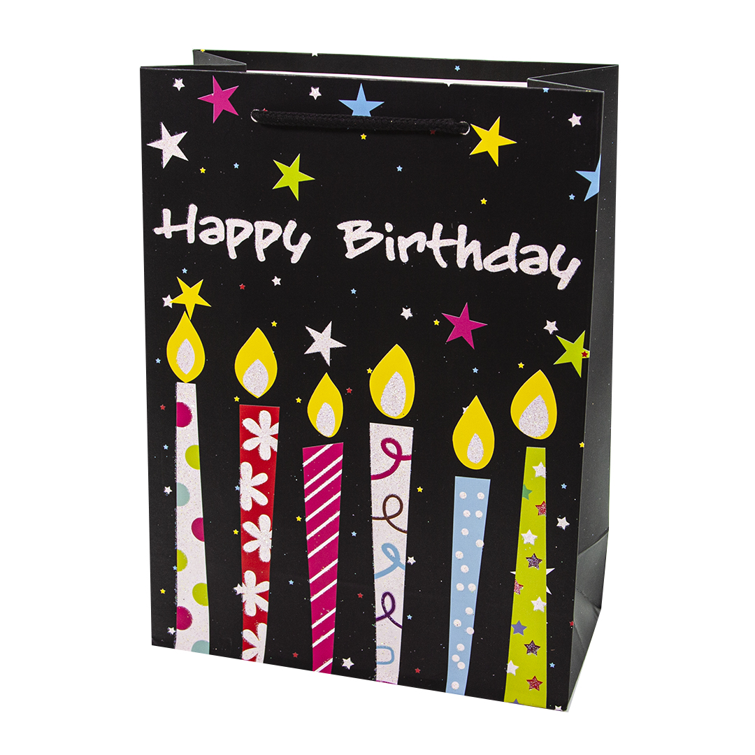 Пакет подарочный, С Днем Рождения! (разноцветные свечи), Черный, с блестками, 32*26*10 см, 1 шт./Дб