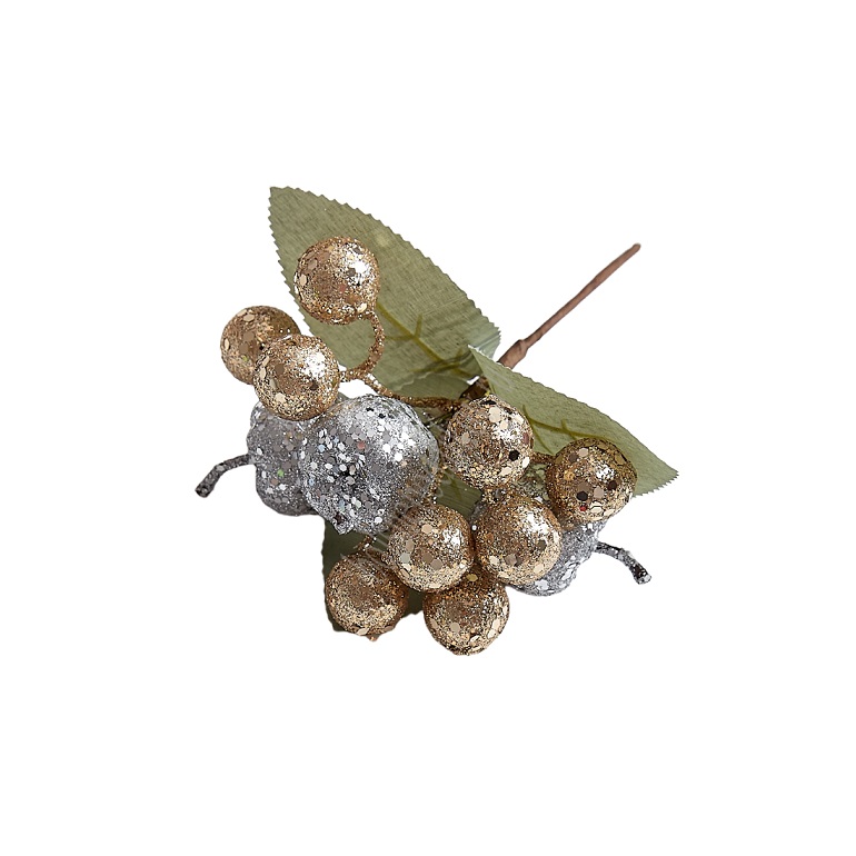Муляж декоративный Яблочки на веточке с блестками, SF-5113, серебро/светло-коричневый, 1 шт