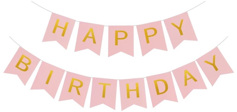 Гирлянда Флажки Happy Birthday, золотые буквы на розовом, металлик, 200 см., 1 шт.