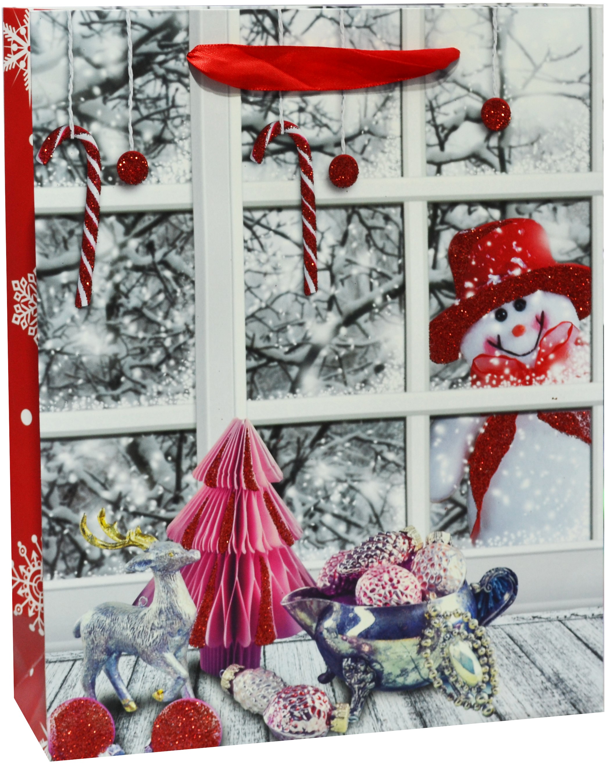 Пакет подарочный Снеговичок за окном, с блестками, 24*18*9 см /ДБ
