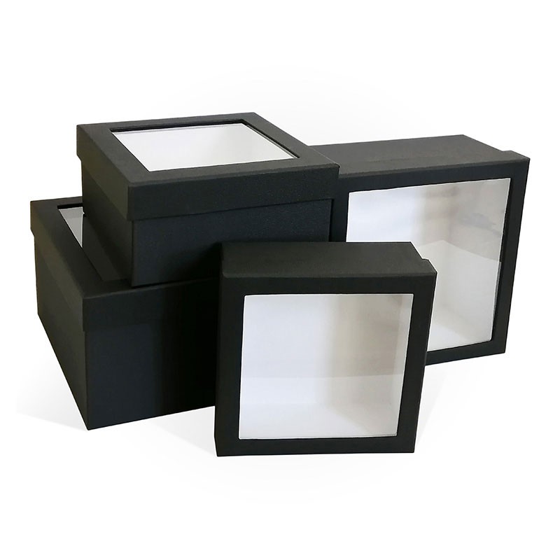 Набор подарочных коробок 4 в1 с прозрачным окном тиснение Лен, Черный, 23*23*13 см, ( Квадрат)