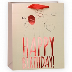 Пакет подарочный, с Днем Рождения (воздушные шарики и сердечки), Бежевый/Красный, 23*18*10