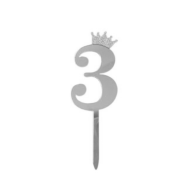 Топпер Цифра 3, с короной, Серебро металлик, 7*18 см